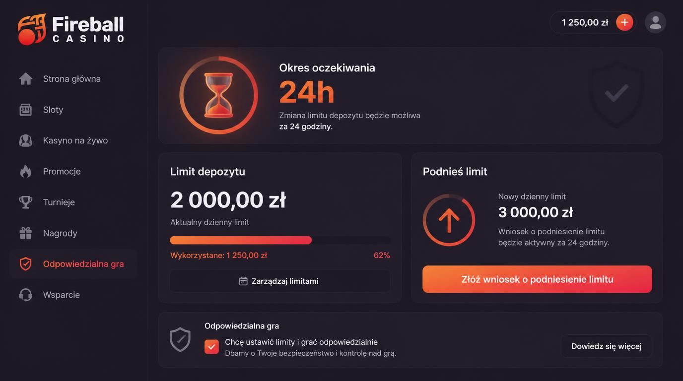 Symbol podwyższania limitu depozytu z czasem oczekiwania i elementami odpowiedzialnej gry.