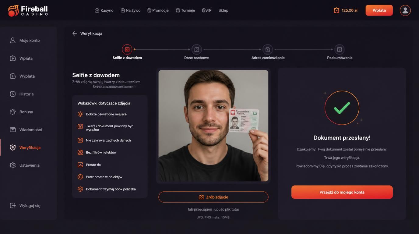 użytkownik robi selfie z dowodem osobistym jako część weryfikacji w Fireball Casino